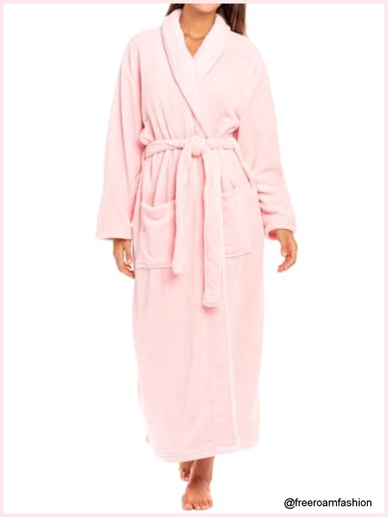 Plush Fleece Robe Long Length Shawl Collar Tie Closure Plus Size Big Pockets